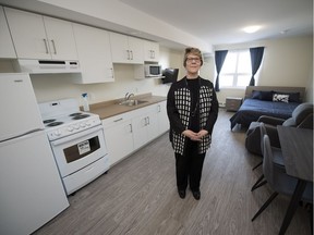 Sheila Wignes-Paton, manager of mental health with Phoenix Residential Society, stands in one of the new units in a 45-suite social housing project on the 1900 block of Halifax Street in Regina.