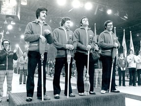 Left to right: Jack MacDuff, Toby McDonald, Doug Hudson and Ken Templeton are shown after winning the 1976 Brier at Regina's Exhibition Stadium.