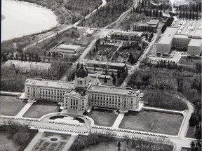 1959 aerial photograph of the Saskatchewan Legislative Building and surrounding area. ONE-TIME USE. MANDATORY CREDIT: Provincial Archives of Saskatchewan R-B8522