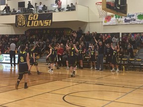 The Magrath Pandas celebrate after winning the senior girls title at the Luther Invitational Tournament on Saturday.