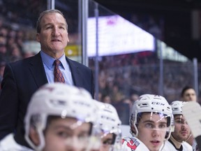 Moose Jaw Warriors head coach Tim Hunter looks on from the bench during a WHL game at the Brandt Centre on Jan. 19.