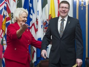 Lt.-Gov. Vaughn Solomon Schofield celebrates the swearing-in of Scott Moe as Premier of Saskatchewan during a ceremony at Government House.