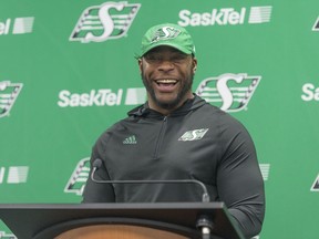 Saskatchewan Roughriders defensive end Charleston Hughes speaks to media at Mosaic Stadium.