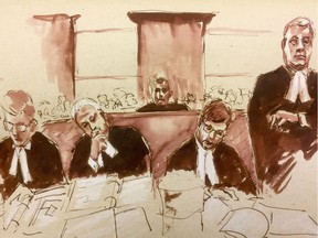 Gerald Stanley, centre, looks on as Crown Prosecutor Bill Burge, right, speaks in this courtroom sketch in North Battleford, Sask., on Wednesday, Jan. 31, 2018.