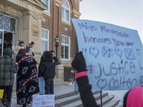 People leave during a lunch recess on the day of closing arguments in the trial of Gerald Stanley, the farmer accused of killing 22-year-old Indigenous man Colten Boushie, in Battleford, Sask. on Thursday, February 8, 2018.