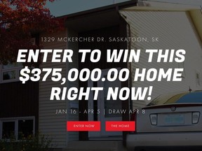 A screen capture of the main page of the Win My Place contest, where a homeowner is selling $10 tickets for the chance to win his duplex unit in Saskatoon.