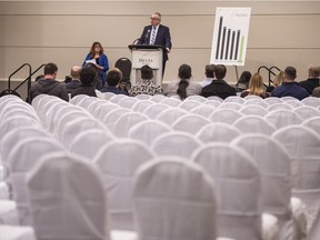 REGINA, SASK : February 8, 2018 - Minister responsible for SGI Joe Hargrave speaks during a press conference held at the Delta Hotel. Saskatchewan Government Insurance said that 2017 featured the fewest traffic deaths since 1954. MICHAEL BELL / Regina Leader-Post.