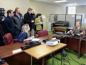 Tim Probe, then RM of Sherwood deputy reeve, addresses reporters in February 2015 after the removal of Kevin Eberle as reeve of the rural municipality after the Barclay Inquiry into the Wascana Village development.