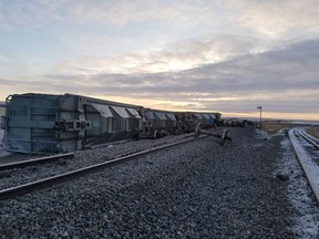 Some 12 CP railcars carrying potash derailed 10 kilometres west of Swift Current on Tuesday night. Photo by the Swift Current Rural Fire Department