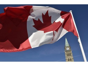 The Canadian flag is seen in front of the Peace Tower on Parliament Hill in Ottawa on October 2, 2017.