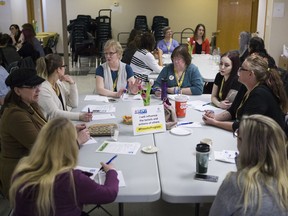 A group of women discuss steps each woman can take to help address and close the gender pay gap during this year's UFCW Local 1400 Women's Conference in Saskatoon, SK on Saturday, March 10, 2018.