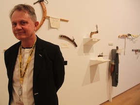 Saskatchewan's internationally-known Remai Modern opened its first major exhibit on Friday morning, welcoming Jimmie Durham's At The Centre of the World exhibit, which is running in Saskatoon until Aug. 12, 2018. Gregory Burke, executive director and CEO of the Remai Modern, poses for a photo with several of Durham's pieces, some of the roughly 175 that make up the show, organized by the Hammer Museum, Los Angeles.