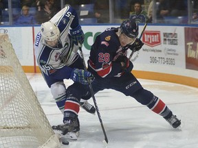 Brady Pouteau of the Regina Pats battles down low with Swift Current Broncos captain Glenn Gawdin during Game 2 of a WHL playoff series in Swift Current.