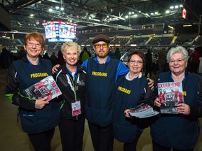 Bernadette McIntyre, second from left, his shown with Brier program sellers Laura Blair (far left), Trevor Walker (centre), Marietta Klock (second from right) and Diane Roesslein (far right).