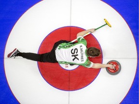 Saskatchewan's Kirk Muyres delivers a rock against Alberta's Brendan Boettcher team at the Brier on Thursday afternoon at the Brandt Centre. Saskatchewan won 8-6.