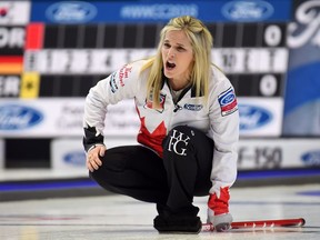 Canada's Jennifer Jones calls a play during the World Women's Curling Championship in North Bay, Ont., Saturday, March 17, 2018.