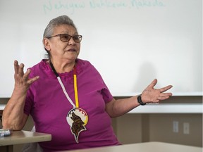 Elder Rose Bird of Thunderchild First Nation speaks during an elders' conference on March 24, 2018, at the First Nations University in Regina.