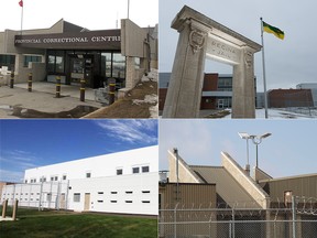 A recent auditor's report found adequate medical personnel was available to inmates in, clockwise from top left, Saskatoon, Regina, Prince Albert and Pine Grove correctional centres. However, it notes each centre had an average wait time of about a month to see a general practitioner.