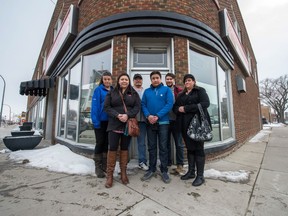 Newo Yotina Friendship Centre staff and board members (from left) Lori Smith, Cristina Crowe, James Desjarlais, Tannen Acoose, Michael Parker and Amanda Sather Page pose for a portrait in 2018 in front of the building that became the non-profits home.