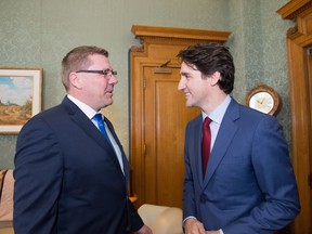 Premier Scott Moe meets with Prime Minister Justin Trudeau at the Legislative Building in Regina.