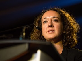 Interim NDP leader Nicole Sarauer gives an address to a crowd at the Delta Hotel before it was announced that Ryan Meili was the winner of the NDP leadership race on March 3, 2018.