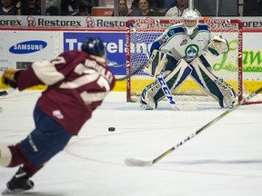 Regina Pats centre Matt Bradley blasts a shot on net during Friday's WHL game against the Swift Current Broncos at the Brandt Centre.