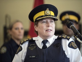 Brenda Lucki, Commanding Officer of the RCMP's "Depot" Division, speaks during a federal government funding announcement related to research for post-traumatic stress injuries.