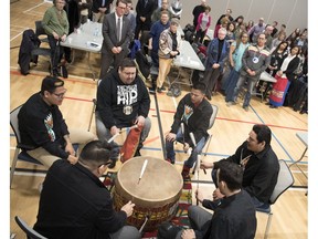 The Charging Bear Performance drumming group performs at the first Reconciliation Regina public event at the mâmawêyatitân centre in Regina.