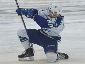 Tyler Steenbergen celebrates his second of three goals on Friday night, leading the Swift Current Broncos to a Game 5 victory over the Regina Pats in an Eastern Conference quarterfinal.