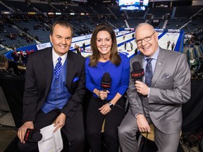 TSN's Vic Rauter, left, is shown with colleagues Cheryl Bernard, centre, and Russ Howard at the Brier.