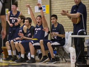 South East Treaty 4 Tribal Council team celebrates a basket against Onion Lake Cree Nation team during a basketball game in the Tony Cote First Nations Winter Games at Mount Royal Collegiate in Saskatoon, SK on Wednesday, April 4, 2018.