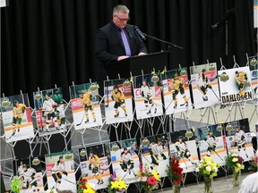 HUMBOLDT, SK - The president of the Humboldt Broncos junior hockey team Kevin Garinger speaks during the evening vigil in Humboldt, Sask., Sunday, April 8, 2018. 15 people traveling with the Humboldt Broncos SJHL hockey team are dead, and many injured when their bus was collided with a semi-trailer 30 kilometres north of Tisdale, Sask.