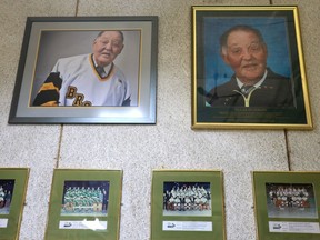 Photos of Elgar Petersen hang inside the Humboldt, Sask. arena that now bears his name.