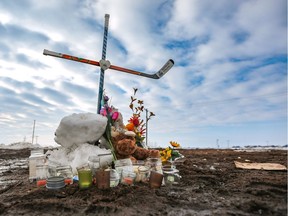 Memorial for the Humboldt Broncos continues to grow at the scene of Friday's horrific bus crash that killed 16 and injured 14 others near Tisdale, Saskatchewan.