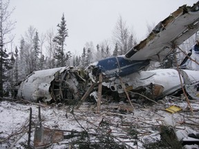 Photos of a plane crash near the northern community of Fond Du Lac, Sask. released by the Transportation Safety Board of Canada. The plane, which crashed at around 6:15 p.m. on Dec. 13, 2017, was carrying 22 passengers and three crew members.