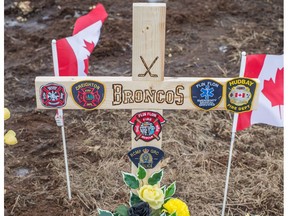 One part of the memorial set up at the intersection of Highway 35 and Highway 335, north of Tisdale, Saskatchewan where a collision occurred involving the Humboldt Broncos hockey team bus that resulted in the death of 16 people.