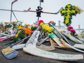 Part of the memorial, pictured on April 14, 2018, set up at the intersection of Highway 35 and Highway 335, north of Tisdale, where a collision occurred on April 6, 2018, involving the Humboldt Broncos hockey team bus that resulted in the death of 16 people.