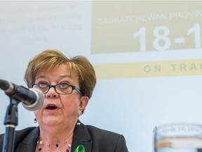Finance minister Donna Harpauer delivers details of Saskatchewan's 2018-2019 provincial budget and answers questions from reporters at the legislative building in Regina.