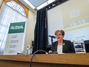 Finance Minister Donna Harpauer delivers details of Saskatchewan's 2018-2019 provincial budget and answers questions from reporters at the Legislative Building in Regina on April 10, 2018.