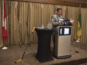 Saskatchewan Junior Hockey League (SJHL) President Bill Chow speaks at the Ramada Hotel in Regina.