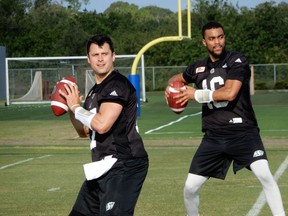 Saskatchewan Roughriders quarterbacks Zach Collaros (left) and Brandon Bridge were in synch on the first day of the Riders mini-camp in Bradenton, Fla.