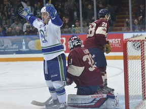 Swift Current Broncos captain Glenn Gawdin celebrates his team’s third goal Monday night during Game 7 of a second-round WHL playoff series against the Regina Pats.