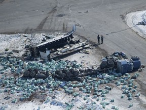 The wreckage of a fatal crash outside of Tisdale, Sask., is seen Saturday, April, 7, 2018. A bus carrying the Humboldt Broncos hockey team crashed into a truck en route to Nipawin for a game Friday night killing 14 and sending 15 more to the hospital.