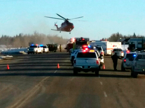 Emergency crews at the scene of the Humboldt Broncos bus crash on April 6, 2018, north of Tisdale, Saskatchewan.