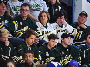 Mourners attend a vigil at the Elgar Petersen Arena, home of the Humboldt Broncos, to honour the victims of a fatal bus accident, in Humboldt, Sask. on Sunday, April 8, 2018. Canadian Blood Services says there's been a national "spike" in donations of blood in the wake of the Humboldt Broncos bus crash that left 16 people dead and 13 others injured.