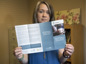 Sarah Ridley, counsellor at the Regina Sexual Assault Centre, holds a pamphlet promoting The Listen Project – a free legal advice program for survivors of sexual violence that has been launched in the province.