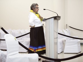 Against a backdrop of empty white seats to represent missing persons in Saskatchewan, Brenda Dubois with the Saskatchewan Aboriginal Women's Circle Corporation was one of the speakers at an event at the First Nations University of Canada proclaiming April 29 to May 5 as Missing Persons Week.