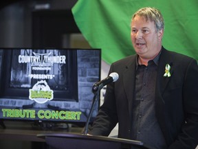 Gerry Krochack, Country Thunder Music Festivals' director of marketing, speaks at a news conference called to announce the Humboldt Broncos tribute concert, scheduled for April 27.