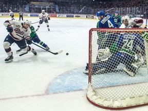 The Regina Pats' Jake Leschyshyn scores a goal against the Swift Current Broncos on Saturday at the Brandt Centre.