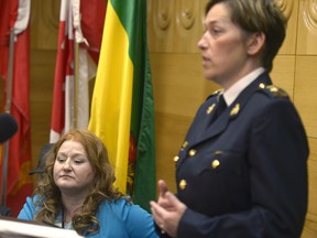 Supt. Jennifer Ebert, right, speaks while Paula Bali looks on during a press conference that marked the one-year anniversary of Mekayla Bali's disappearance. Paula's daughter Mekayla was last seen at 1:45 p.m. at the Yorkton bus depot on April 12, 2016.